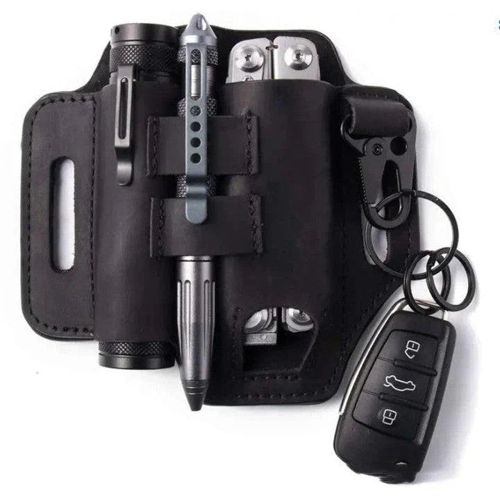 Premium British leather tool carrier with multiple compartments and adjustable strap for hands-free carrying
