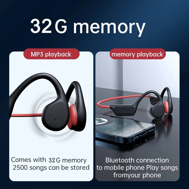 Bone conduction wireless earphones with integrated MP3 player, Bluetooth 5.3, and waterproof IPX8 design