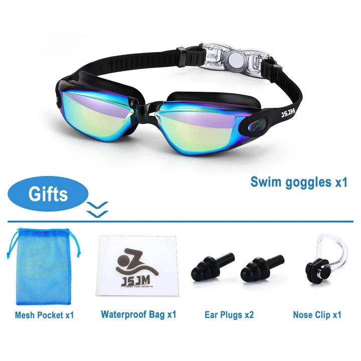 Premium adult swimming goggles with anti-fog lenses, UV protection, and adjustable silicone frame