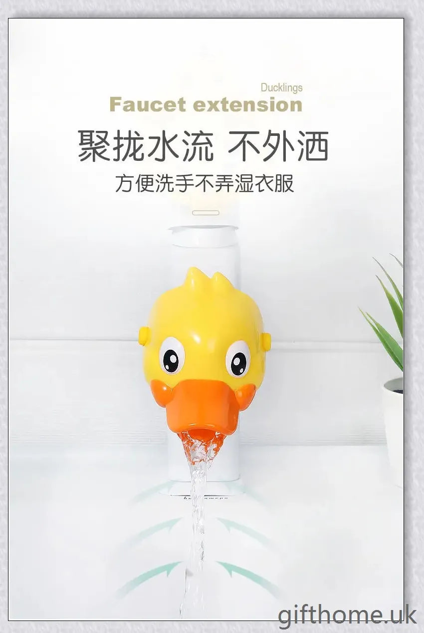A yellow duck-shaped faucet extender that elevates a child's hand-washing experience at the sink