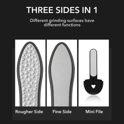 Premium 3-in-1 Foot Care Pedicure Tool with laser-cut stainless steel surfaces and ergonomic handle for salon-worthy feet at home