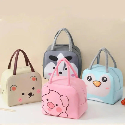 Cartoon animal-themed thermal lunch bag for children, made of durable Oxford cloth with insulated design and vibrant animal prints.