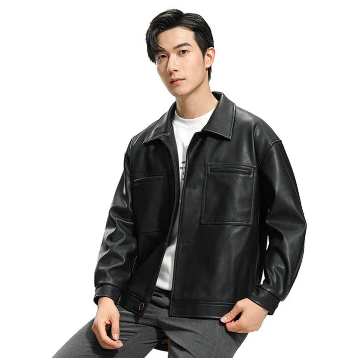 Handsome men's leather motorcycle jacket with lapel collar, dimensional pockets, and durable PU leather construction