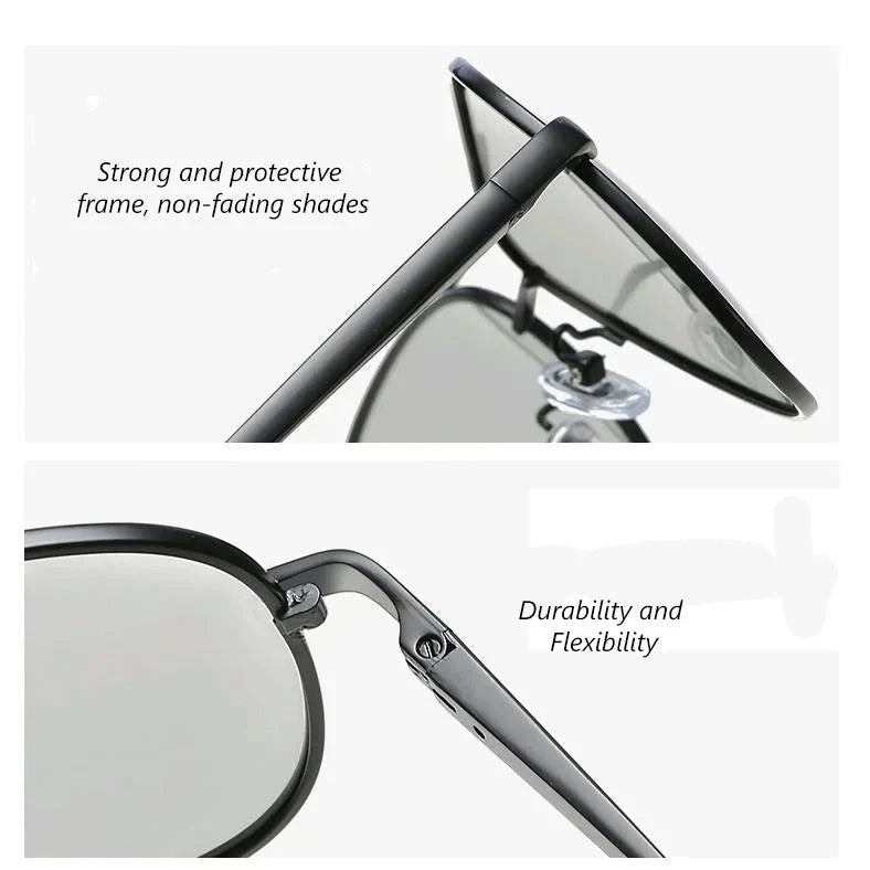 Photochromic Pilot Sunglasses with silver lenses that adjust tint based on light conditions