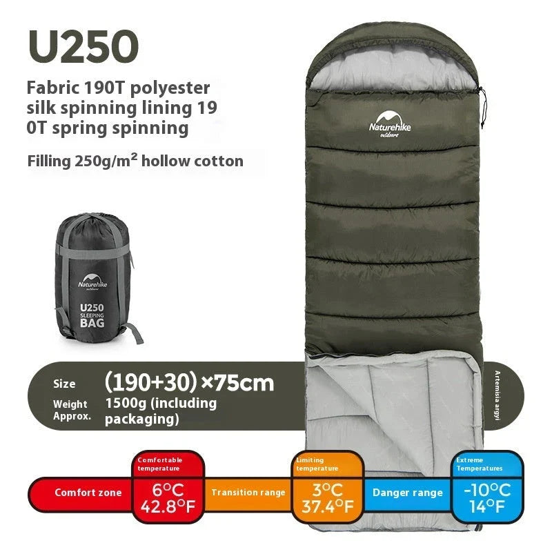 Naturehike Luxury Down-filled Sleeping Bag for Outdoor Camping in Hollow Cotton/Clay Gray, Hollow Cotton/Moxa Leaf Green, and Down Cotton/Sky Blue colours