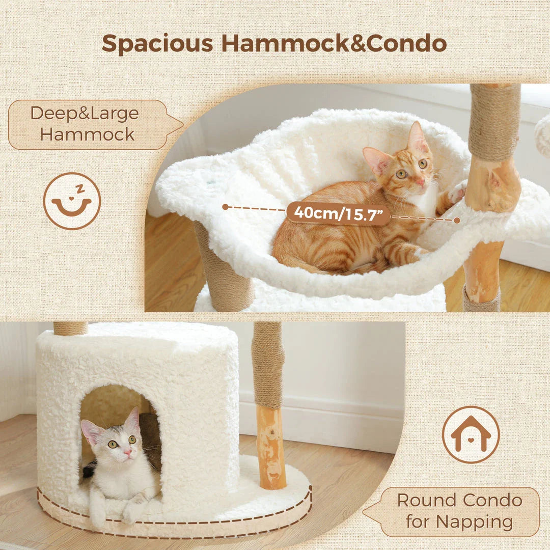 Luxurious modern cat tree with woven basket, hammock, and solid wood scratching post for large indoor cats