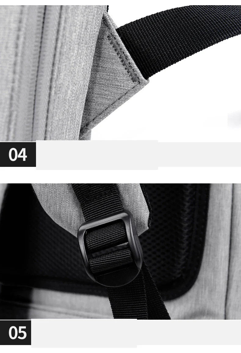 Premium laptop backpack in light grey colour, featuring a sleek and durable polyester design with multiple compartments for organised storage.