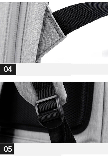 Premium laptop backpack in light grey colour, featuring a sleek and durable polyester design with multiple compartments for organised storage.