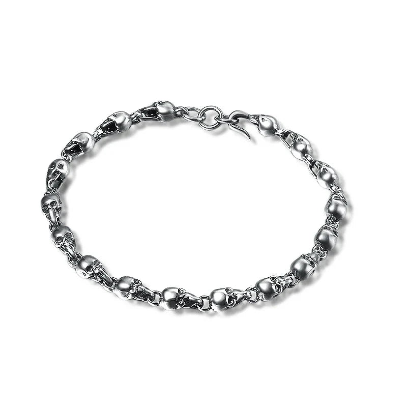 925 Sterling Silver Skull Bracelet with Vintage Thai Design and Adjustable Chain