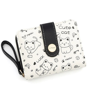 Stylish cat-themed compact wallet with zippered coin pocket, card slots, and key storage