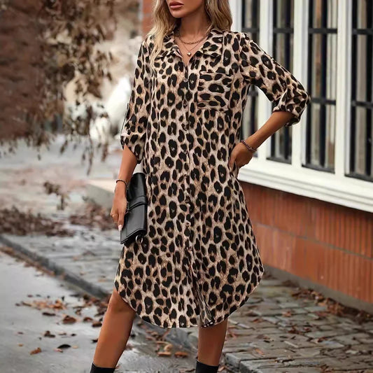 Elegant leopard print beach cover-up robe with V-neck and side pockets, perfect for summer vacations and beach parties.