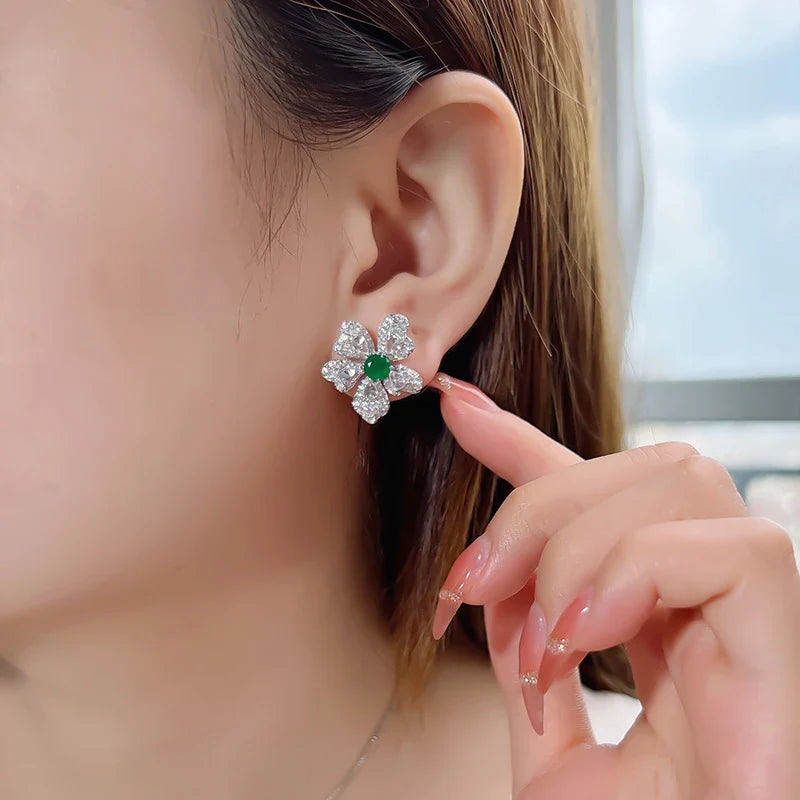 Elegant 925 silver-plated emerald flower earrings with sparkling stones