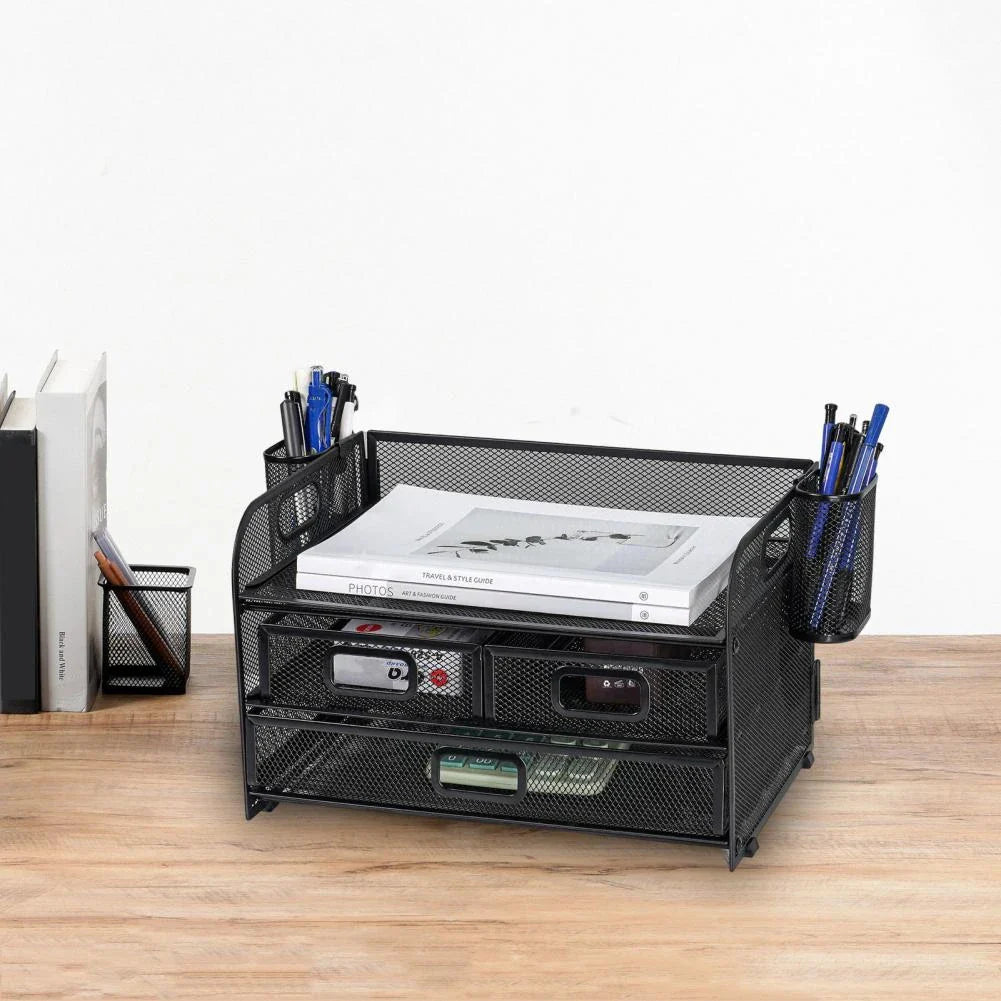 Premium carbon steel mesh desk organiser with 3 drawers and pen holders for efficient workspace organisation