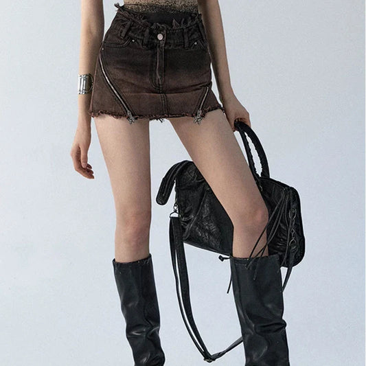 Premium quality denim mini skirt shorts in a gradient blue colour, featuring a high-waisted silhouette and soft cotton fabric