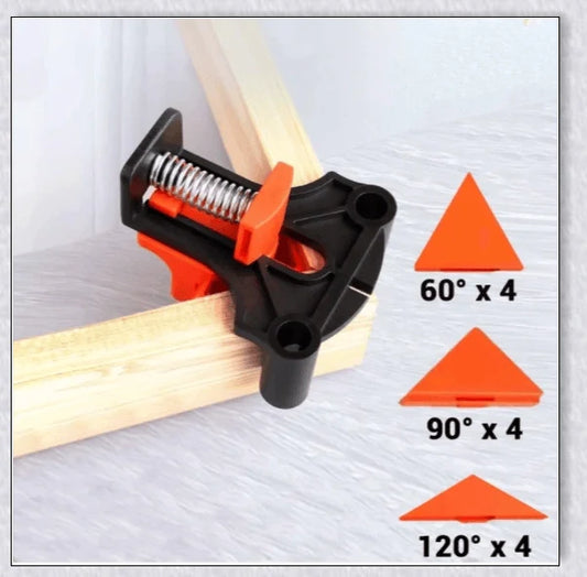 High-quality woodworking corner clamp set with 60°, 90°, and 120° angle heads for precise alignment and secure clamping