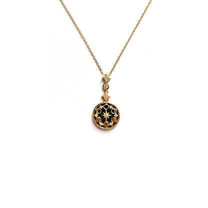 Elegant silver necklace with diamond detailing, geometric pattern, and adjustable length