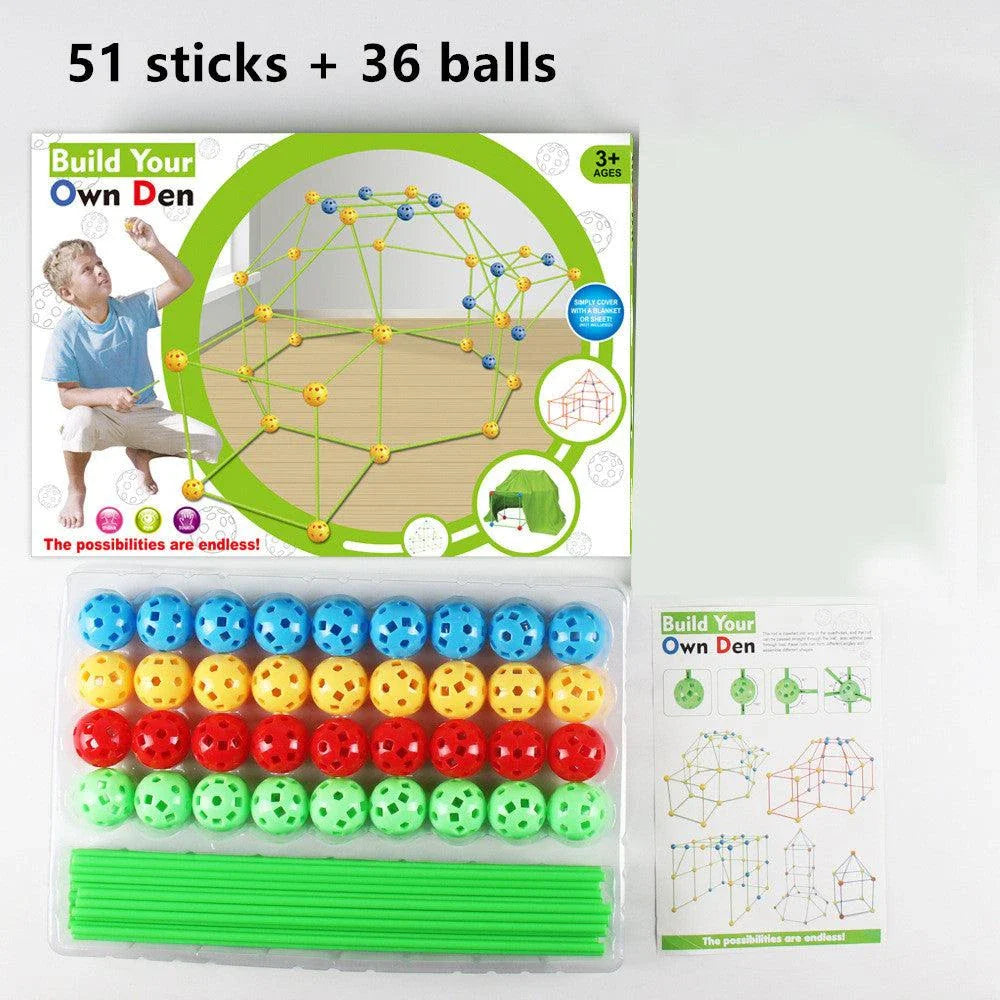 Children's DIY bead tent fort building kit with plastic balls and tubes for creative play and imagination development