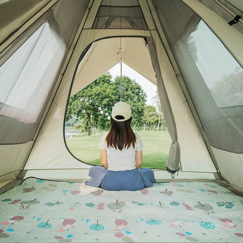 Premium 6-8 person family camping tent with durable 600D Oxford fabric, reflective mylar lining, and UPF50+ sun protection for exceptional weatherproofing and comfort.