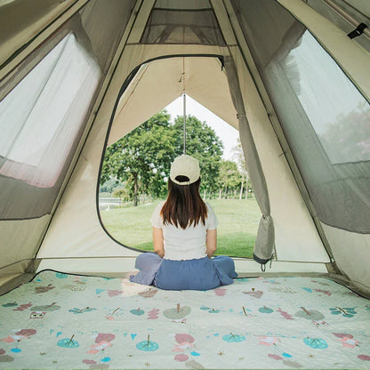 Premium 6-8 person family camping tent with durable 600D Oxford fabric, reflective mylar lining, and UPF50+ sun protection for exceptional weatherproofing and comfort.