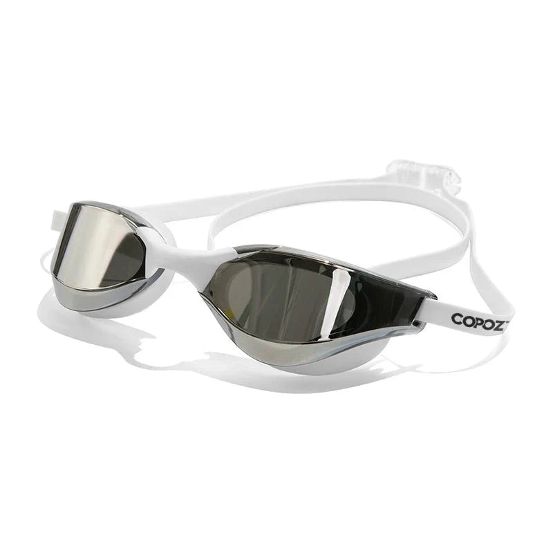 Premium British-made swimming goggles with anti-fog and UV protection technology, designed for clear visibility and comfort in pools, beaches, and water parks.
