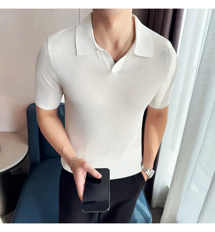 A premium cotton blend polo shirt in classic colours, featuring a v-neck lapel collar and slim fit design for a sophisticated casual look.