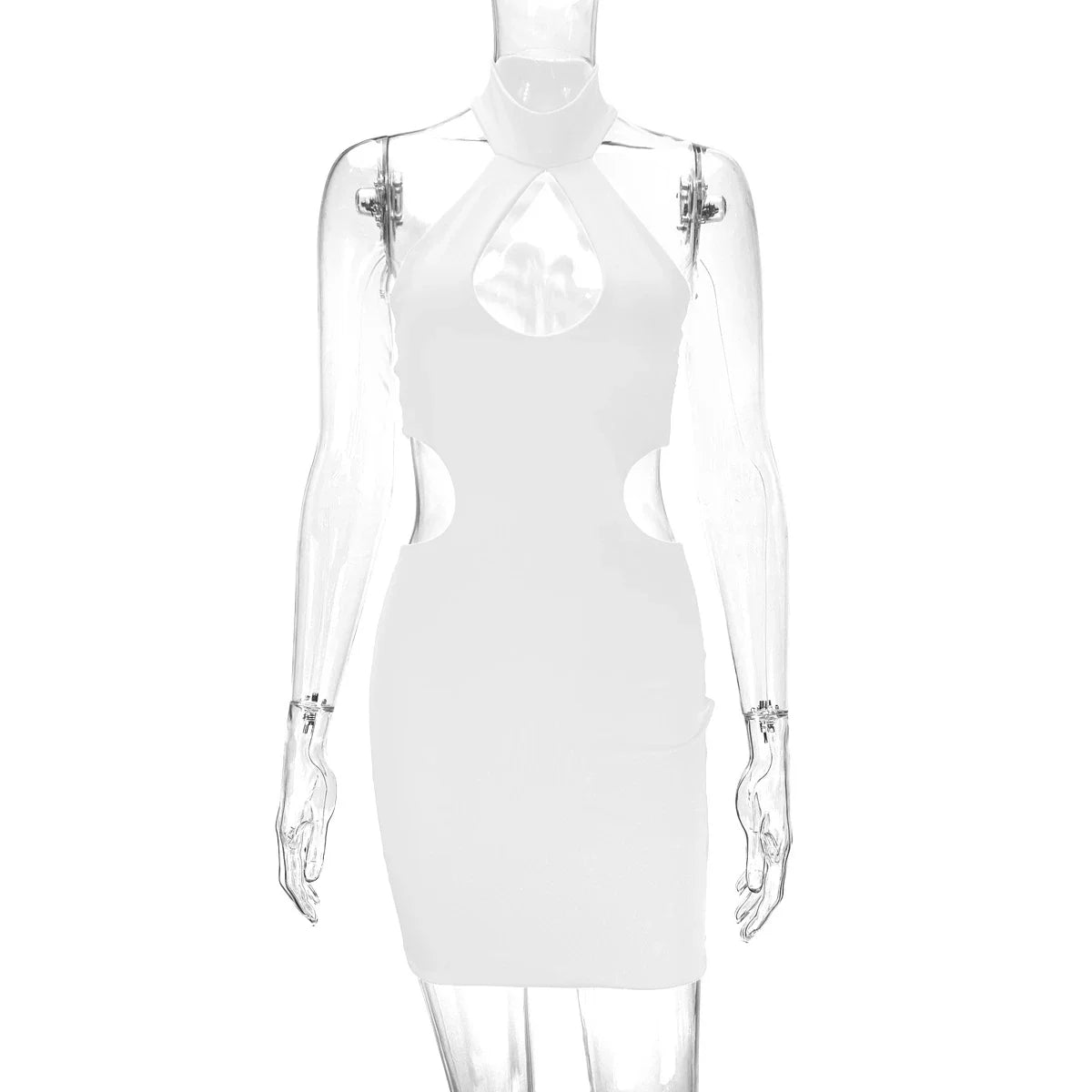 A chic backless halter dress made from premium milk silk with cut-outs at the hips, perfect for formal or semi-formal events.