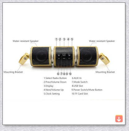 Powerful waterproof Bluetooth motorcycle speaker with resilient metal construction and adjustable handlebar mount