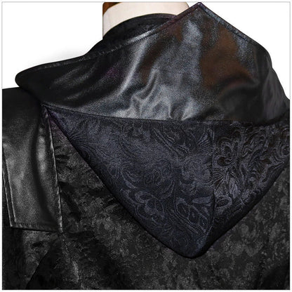 Black stand collar leather gothic cape coat with a flowing, dramatic silhouette