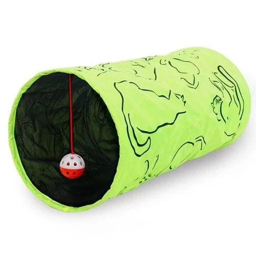 Green nylon cat tunnels with soft cloth material, designed to stimulate a cat's natural curiosity and provide hours of enrichment and entertainment.