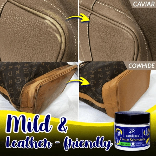Premium leather restoration cream kit with sandpaper and spatula for reviving worn, damaged leather surfaces.