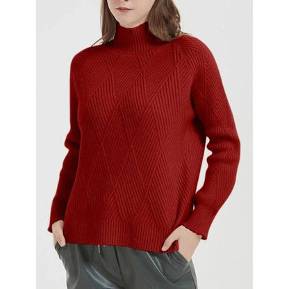 A cosy and stylish knitted turtleneck sweater in a classic beige colour, perfect for layering during the autumn and winter seasons.