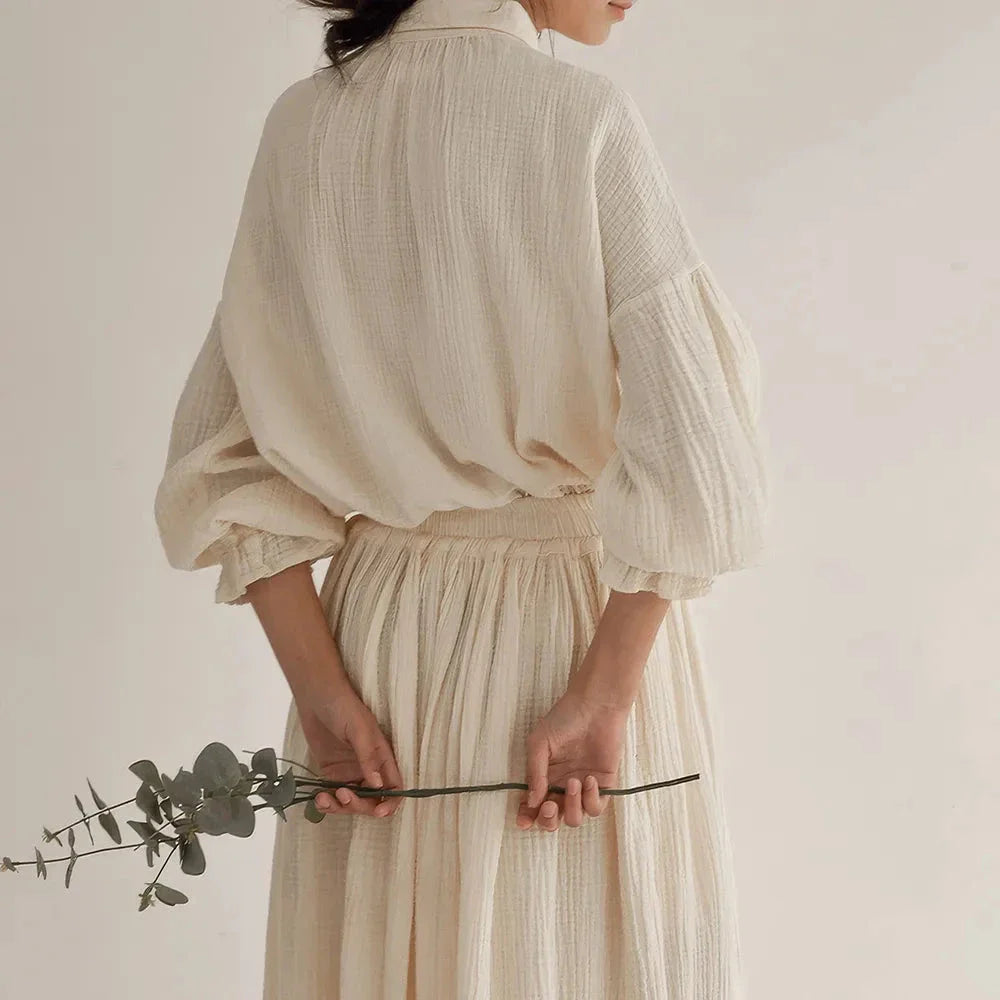 Elegant lantern sleeve shirt and chic skirt two piece set in 100% cotton gauze fabric