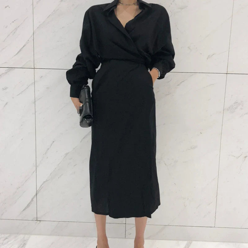 Pure Color Temperament Shirt Dress with high waist and lantern sleeves, perfect for elegant office commuting
