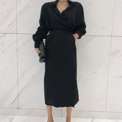 Pure Color Temperament Shirt Dress with high waist and lantern sleeves, perfect for elegant office commuting