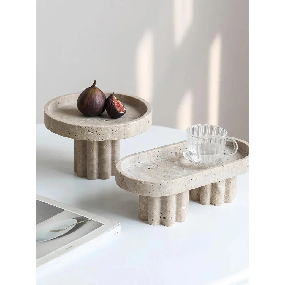 Elegant natural travertine marble serving tray with wooden legs, showcasing unique patterns and a smooth, hand-polished surface for serving, organising, and displaying.