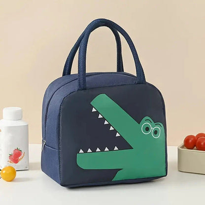 Cartoon animal-themed thermal lunch bag for children, made of durable Oxford cloth with insulated design and vibrant animal prints.