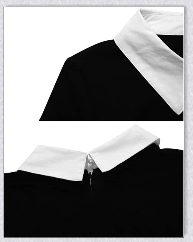 Elegant long-sleeved Peter Pan collar dress in multiple colours, perfect for Halloween or casual wear