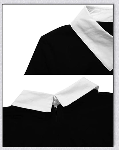 Elegant long-sleeved Peter Pan collar dress in multiple colours, perfect for Halloween or casual wear