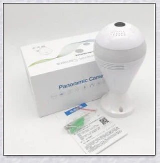 Discreet 1080p 360-degree panoramic WiFi security camera hidden in a light bulb design for comprehensive home surveillance
