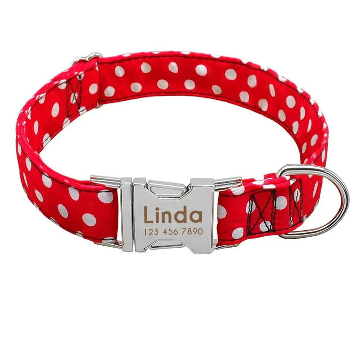 Premium polka dot dog collar made of durable nylon, adjustable for a comfortable fit on dogs of all sizes