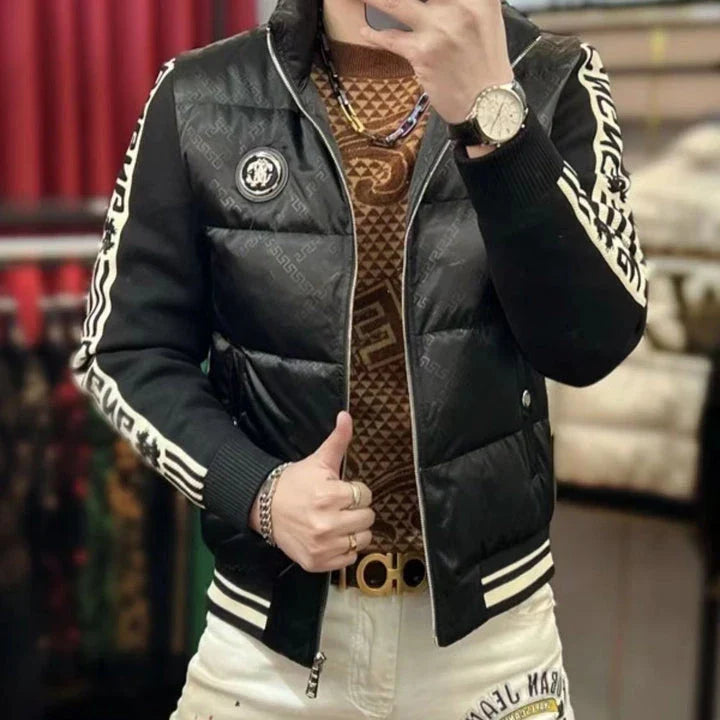 Warm and weatherproof men's down jacket with stand collar and knitted sleeves, made from premium polyester fibre and filled with luxurious duck down