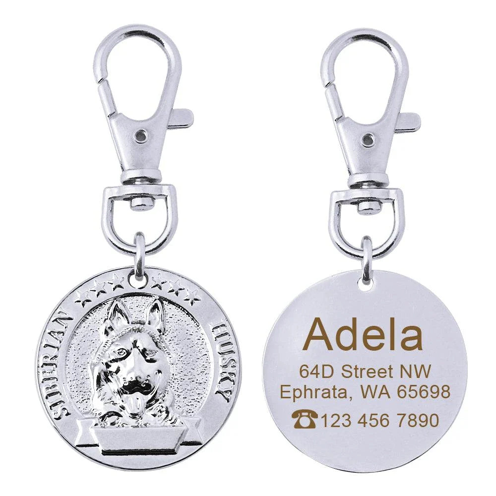 A premium silver dog ID tag with a customized engraved design, providing both style and practical functionality for your beloved canine companion.