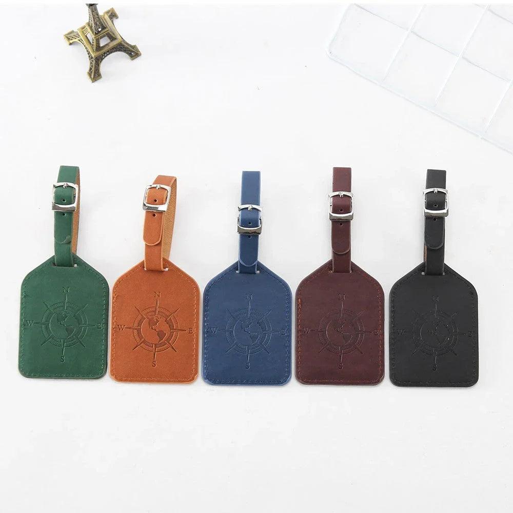 Compass Leather Luggage Tag with Geometric Pattern, Durable PU Leather, and Clear Identification Window