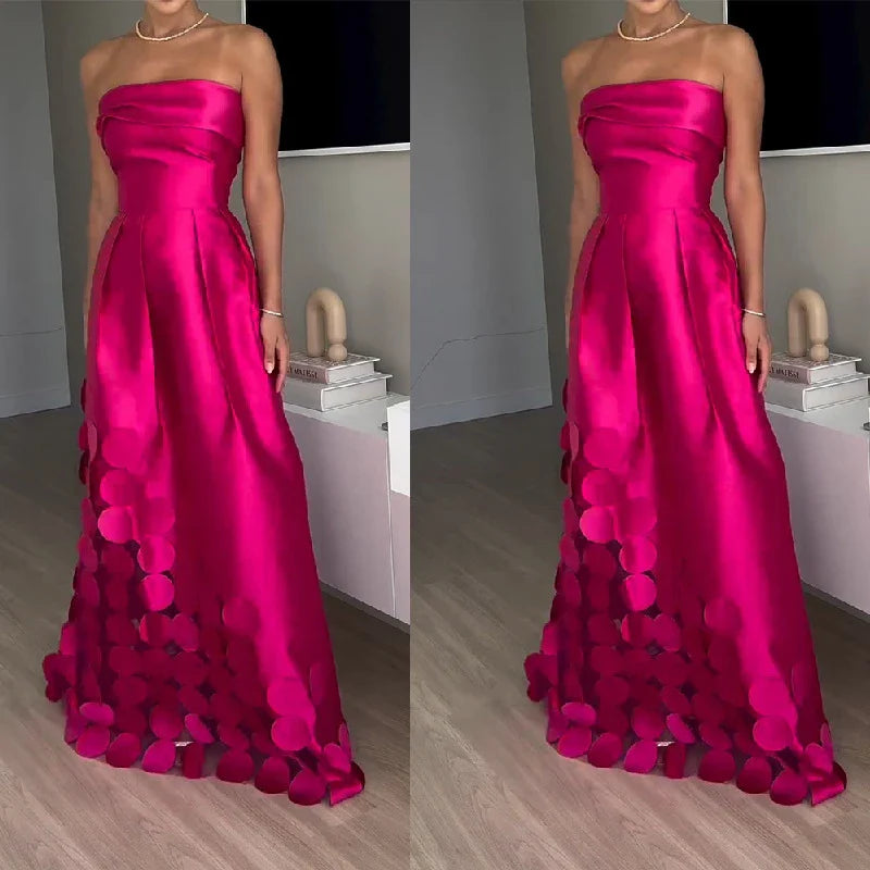 Elegant patchwork satin dress with sleek tube top, high-waist silhouette, and full-length swing skirt in vibrant rose red colour