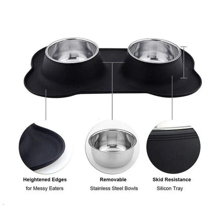Stainless steel and silicone anti-slip double pet feeding bowl with elevated, slip-resistant design for dogs and cats