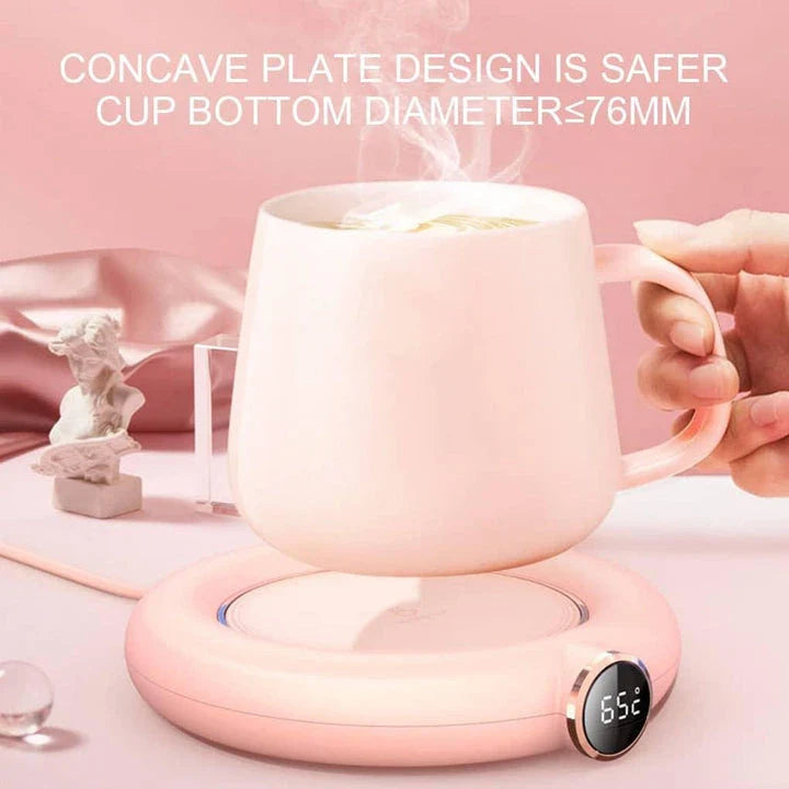 Premium Electric USB Mug Warmer in white, with three temperature settings and automatic shut-off feature for perfectly hot beverages