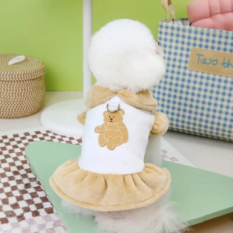 Cosy plush bear dress for dogs and cats, keeping pets warm and stylish during autumn and winter
