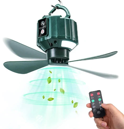 Premium camping tent with integrated fan and lamp in dark green colour
