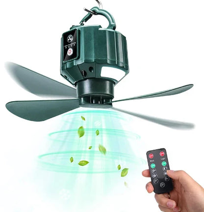 Premium camping tent with integrated fan and lamp in dark green colour