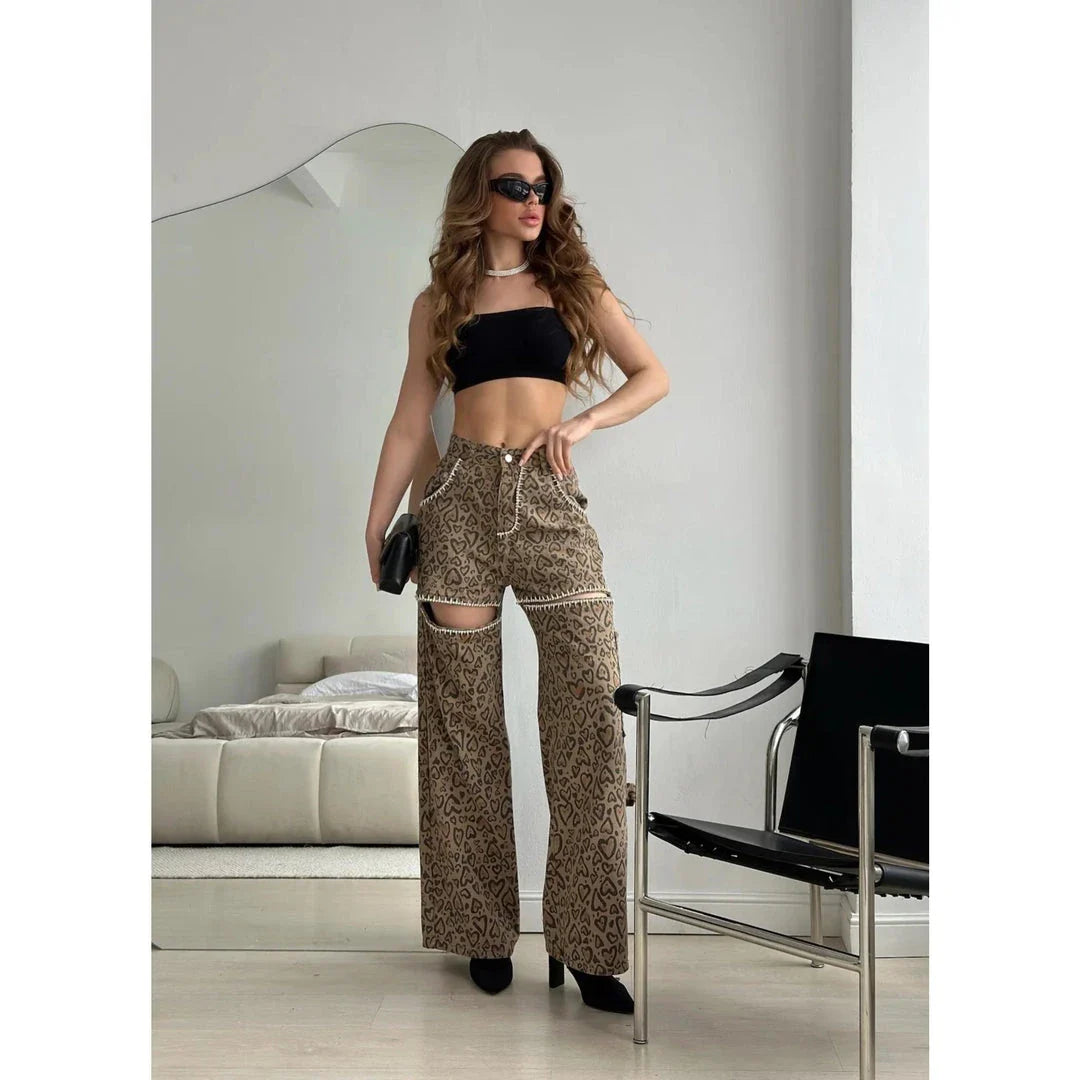 Stylish leopard print wide-leg jeans with patchwork design, perfect for fashion-forward women in the UK